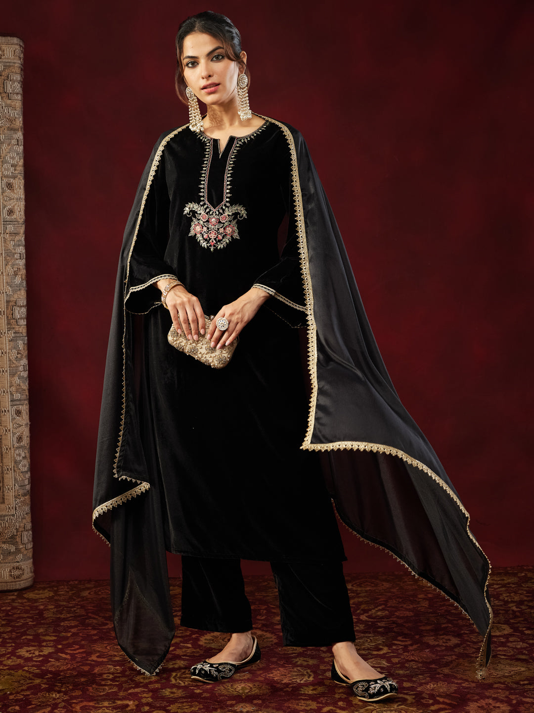 Black Velvet Yoke Embroidery 3-Piece Kurta Set