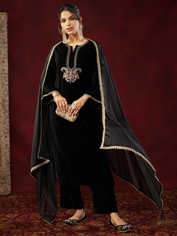 Black Velvet Yoke Embroidery 3-Piece Kurta Set