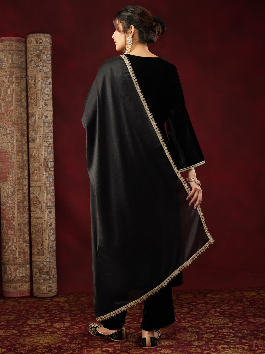 Black Velvet Yoke Embroidery 3-Piece Kurta Set