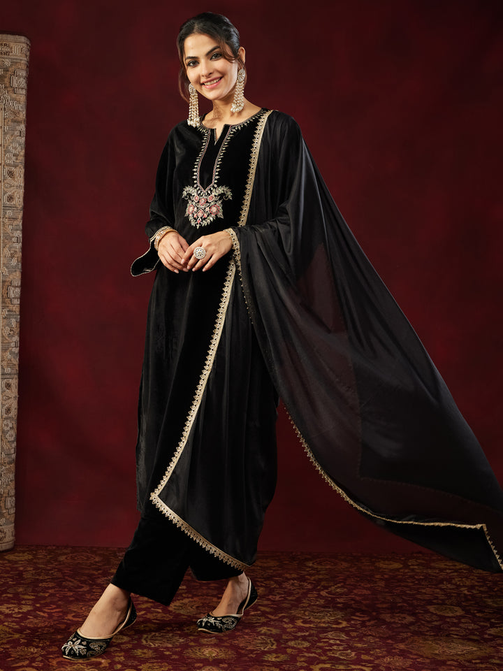 Black Velvet Yoke Embroidery 3-Piece Kurta Set