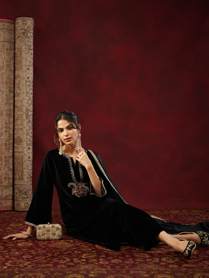 Black Velvet Yoke Embroidery 3-Piece Kurta Set
