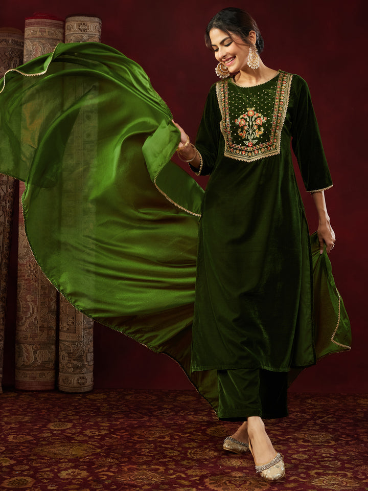 Olive Velvet Yoke Embroidery 3-Piece Kurta Set