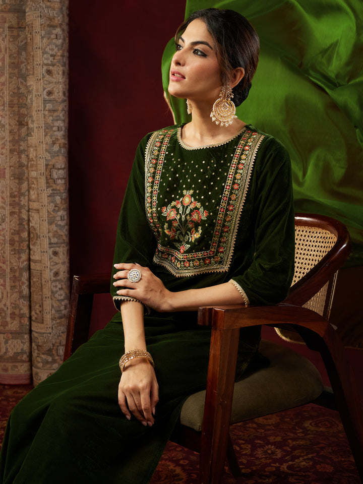 Olive Velvet Yoke Embroidery 3-Piece Kurta Set