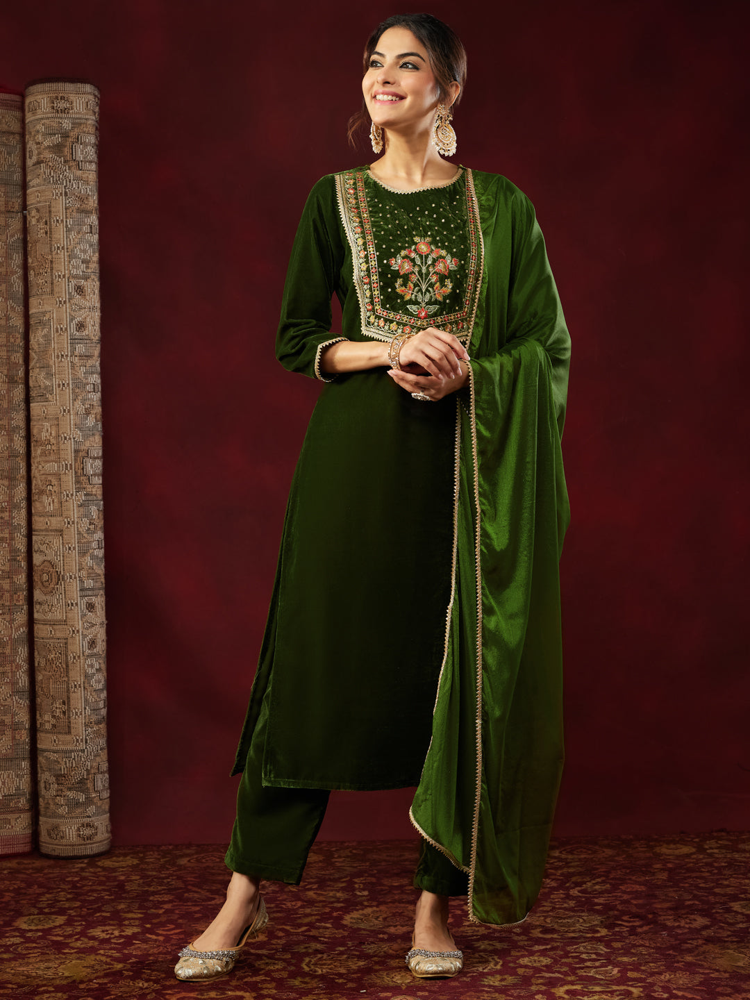 Olive Velvet Yoke Embroidery 3-Piece Kurta Set