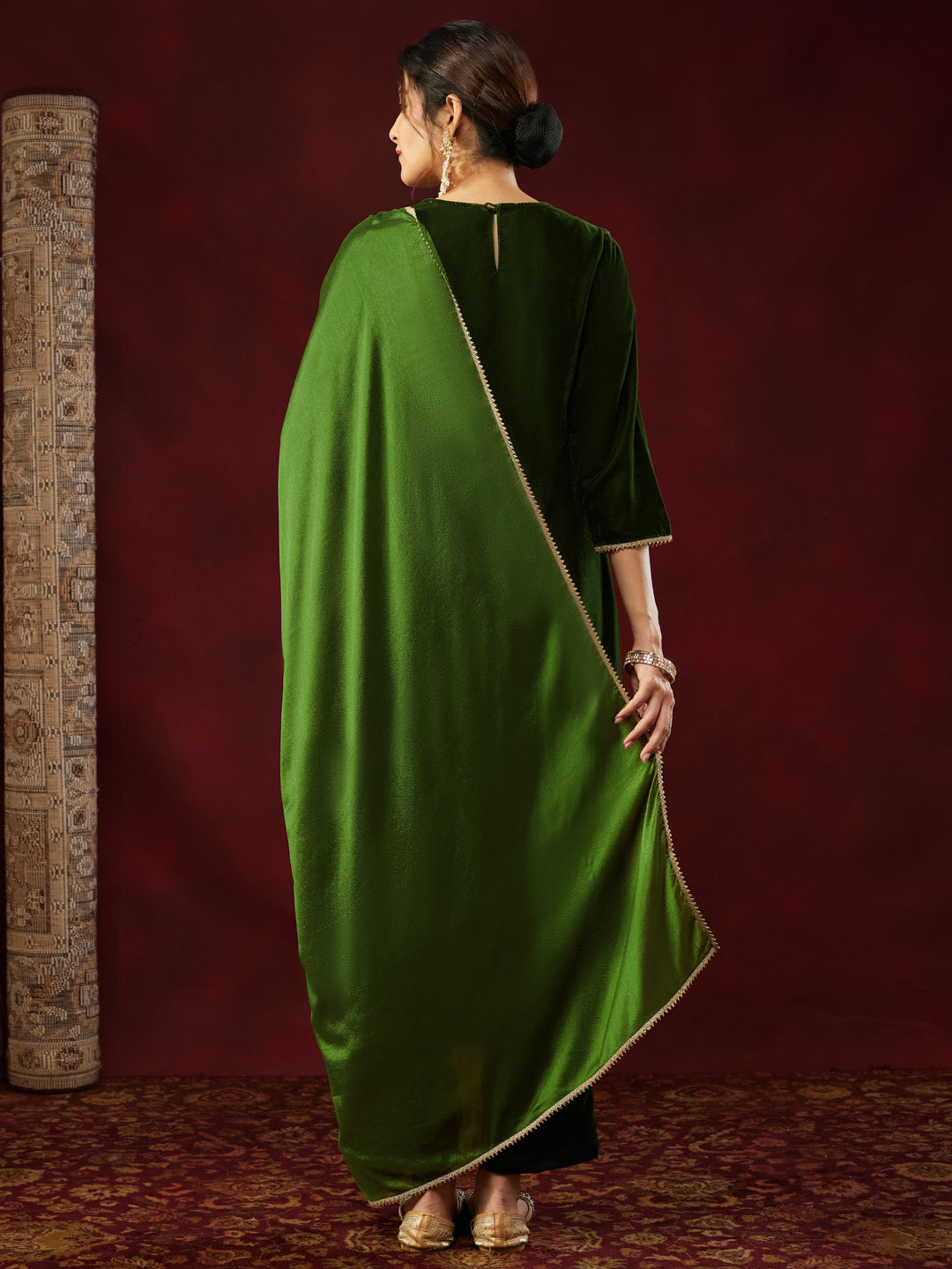 Olive Velvet Yoke Embroidery 3-Piece Kurta Set