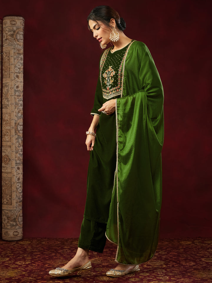 Olive Velvet Yoke Embroidery 3-Piece Kurta Set