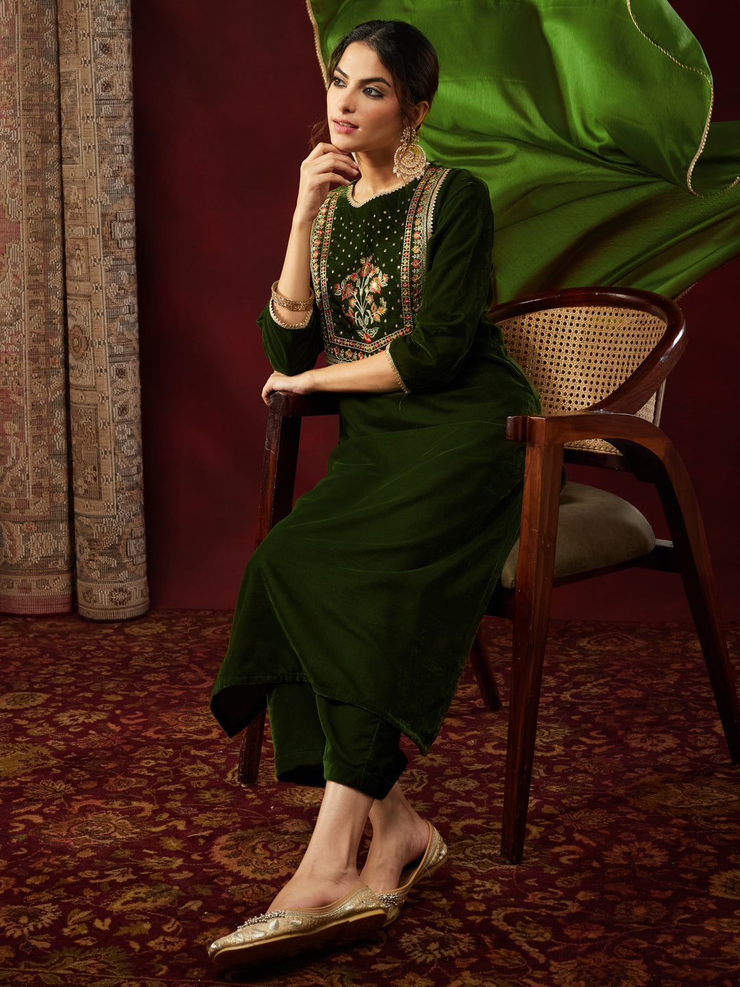 Olive Velvet Yoke Embroidery 3-Piece Kurta Set