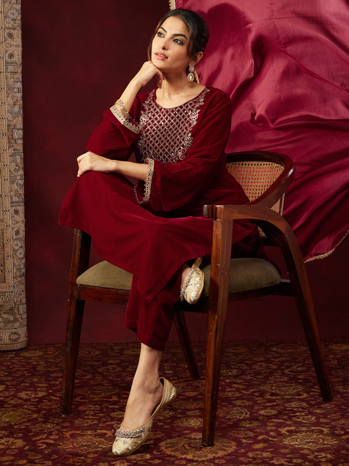 Red Velvet Yoke Embroidery 3-Piece Kurta Set