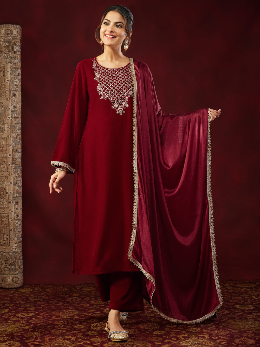 Red Velvet Yoke Embroidery 3-Piece Kurta Set