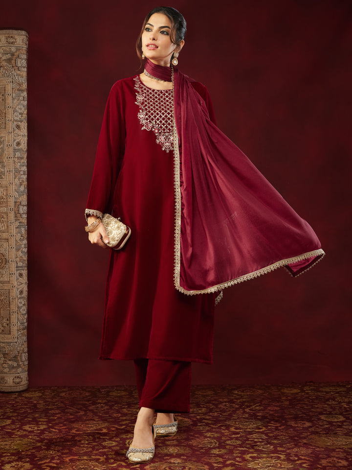Red Velvet Yoke Embroidery 3-Piece Kurta Set