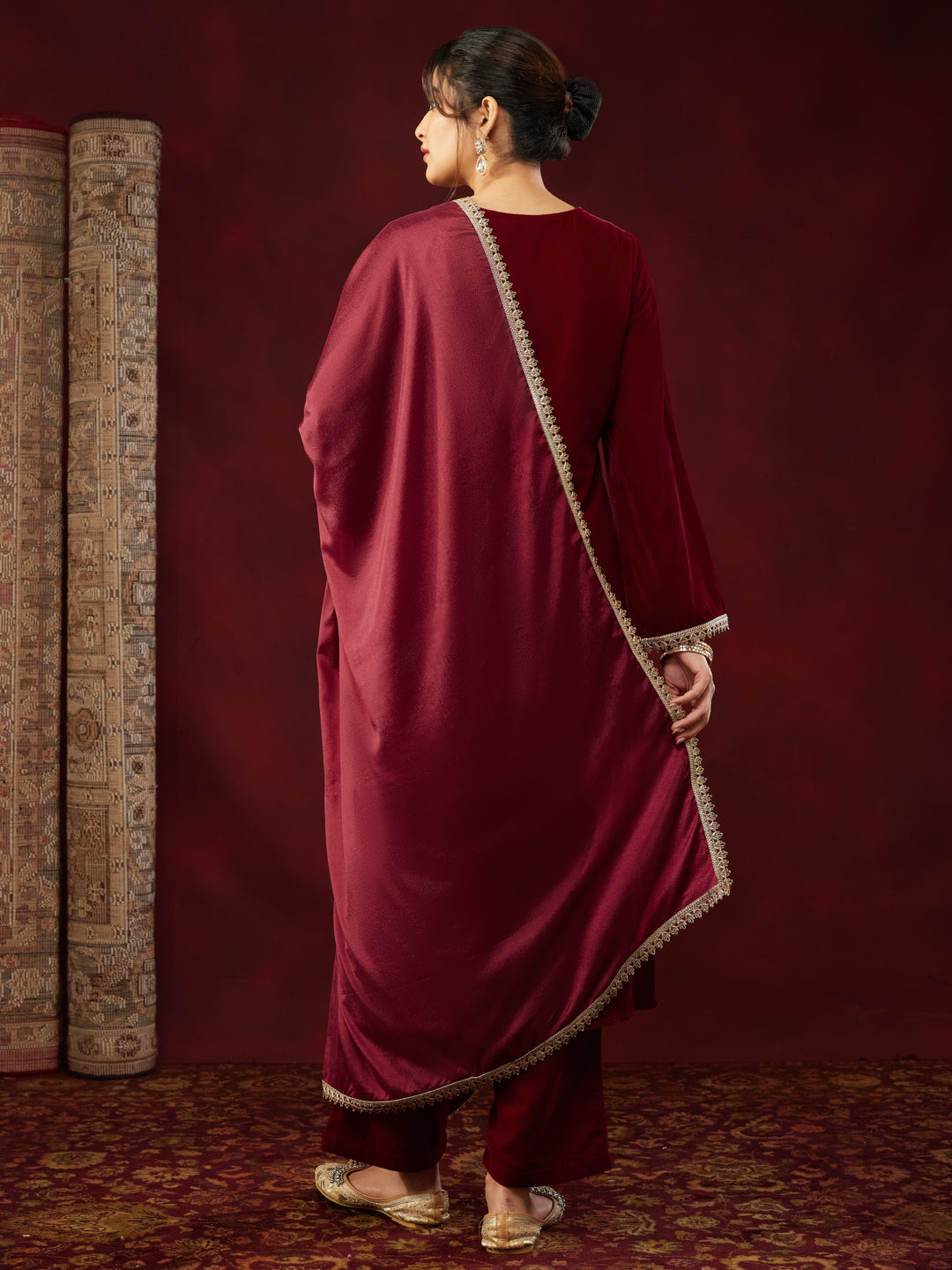 Red Velvet Yoke Embroidery 3-Piece Kurta Set