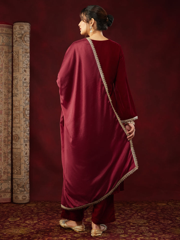 Red Velvet Yoke Embroidery 3-Piece Kurta Set