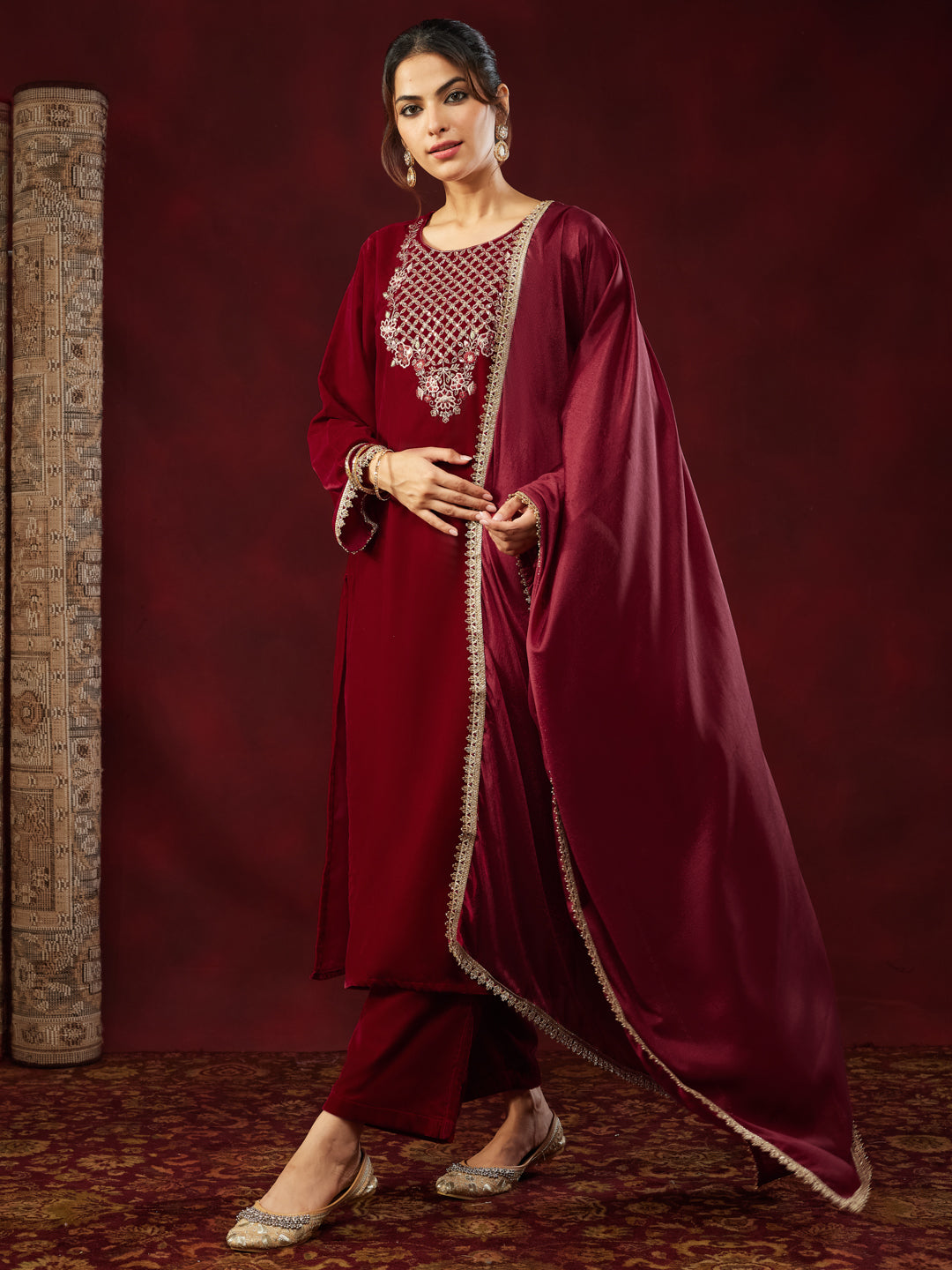 Red Velvet Yoke Embroidery 3-Piece Kurta Set