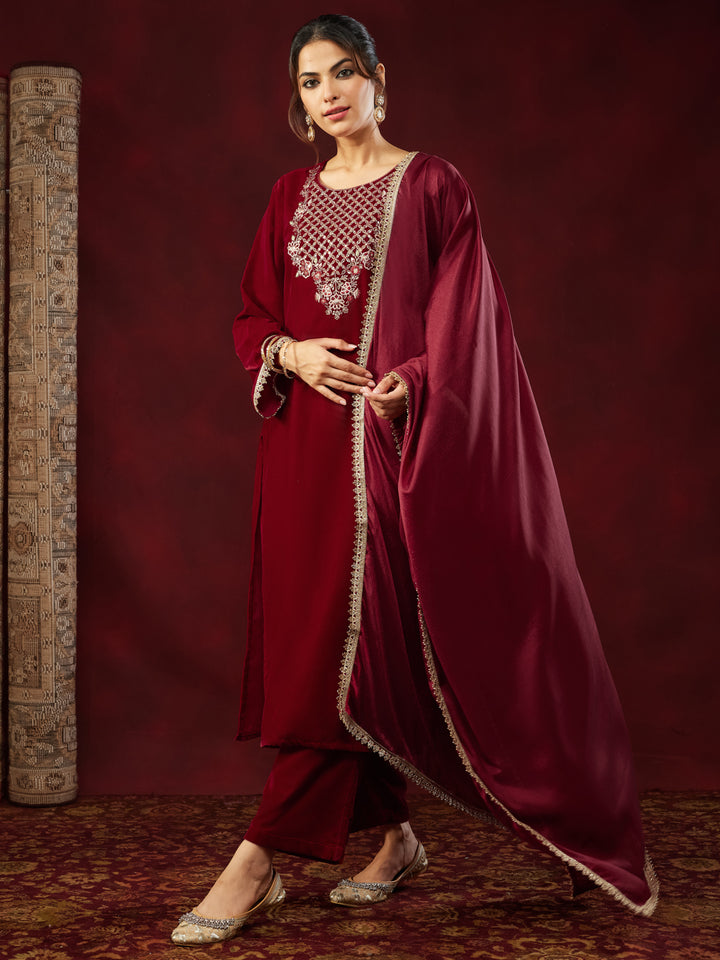 Red Velvet Yoke Embroidery 3-Piece Kurta Set