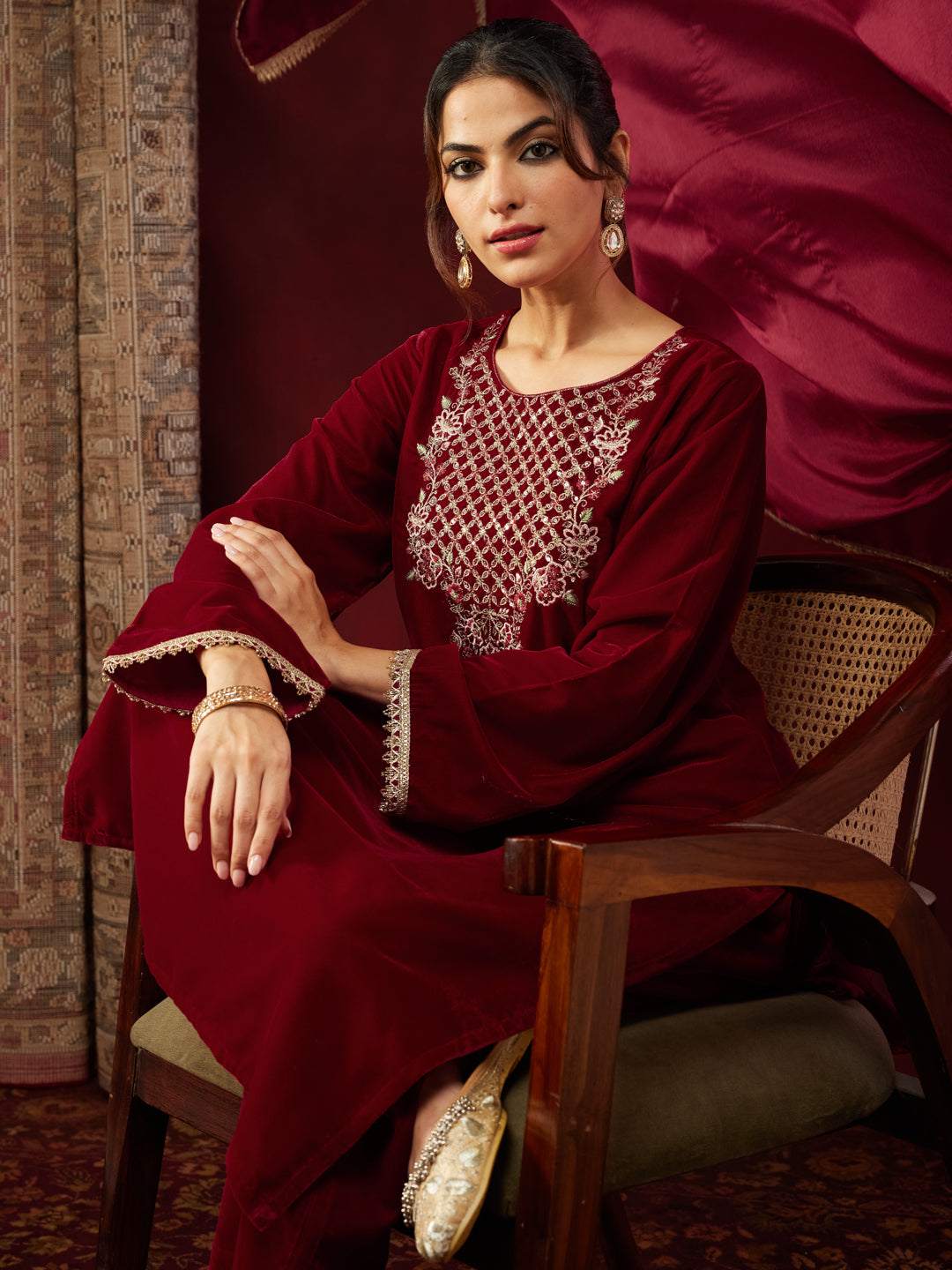 Red Velvet Yoke Embroidery 3-Piece Kurta Set