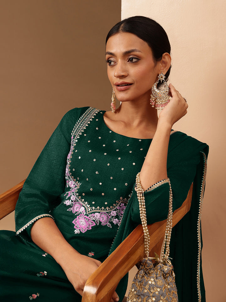 Bottle Green Silk Blend Embroidered 3-Piece Kurta Set