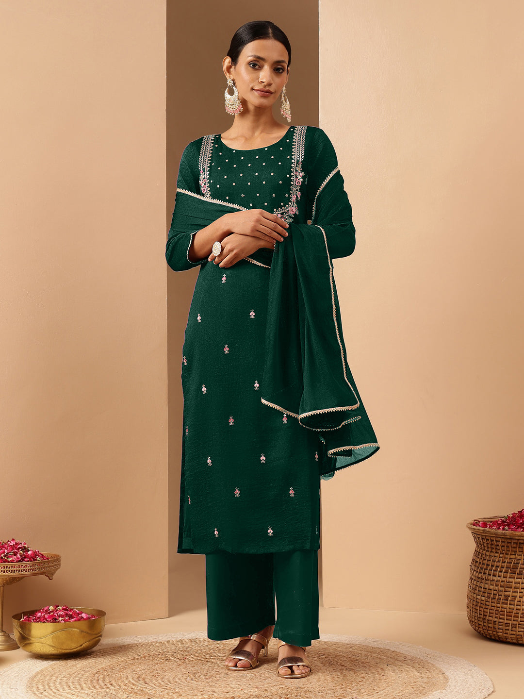 Bottle Green Silk Blend Embroidered 3-Piece Kurta Set