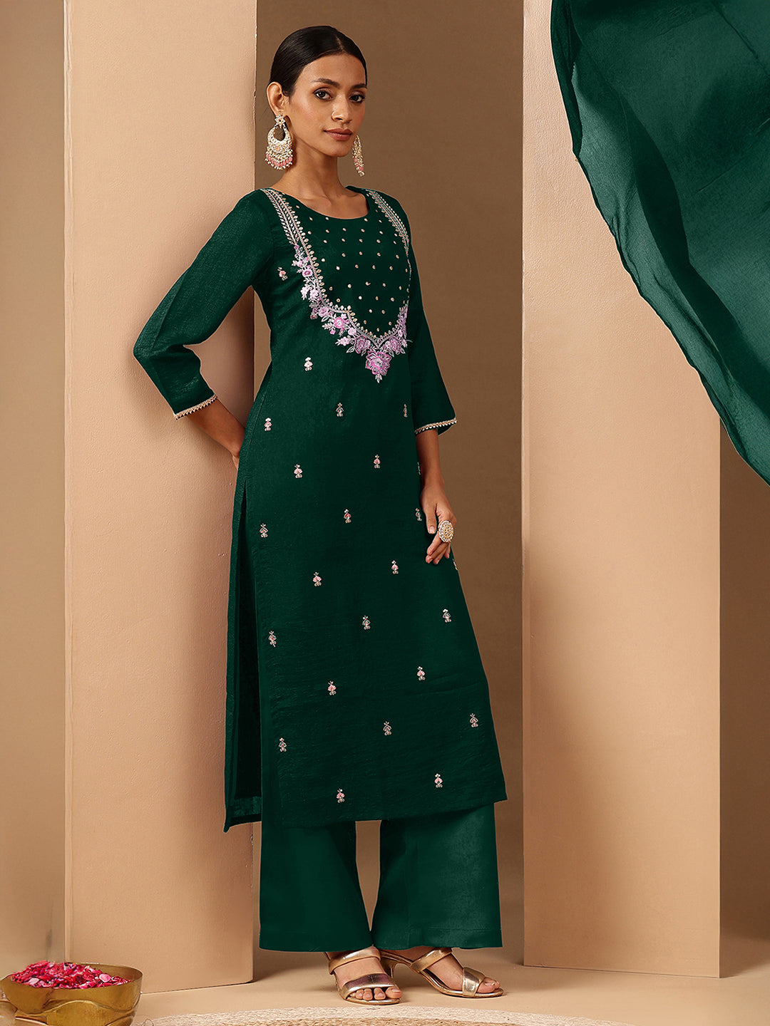 Bottle Green Silk Blend Embroidered 3-Piece Kurta Set