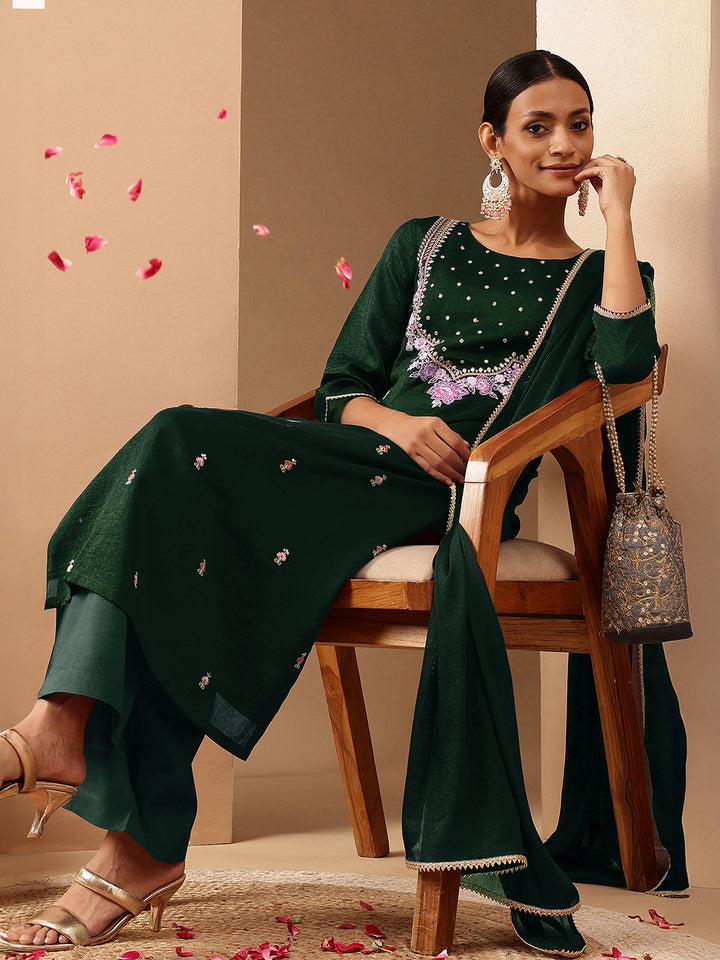 Bottle Green Silk Blend Embroidered 3-Piece Kurta Set