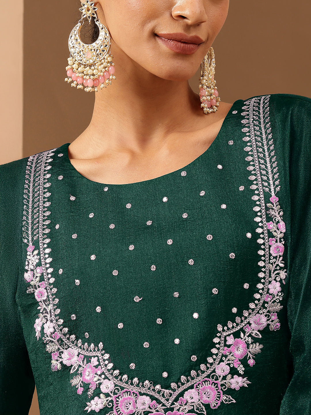 Bottle Green Silk Blend Embroidered 3-Piece Kurta Set