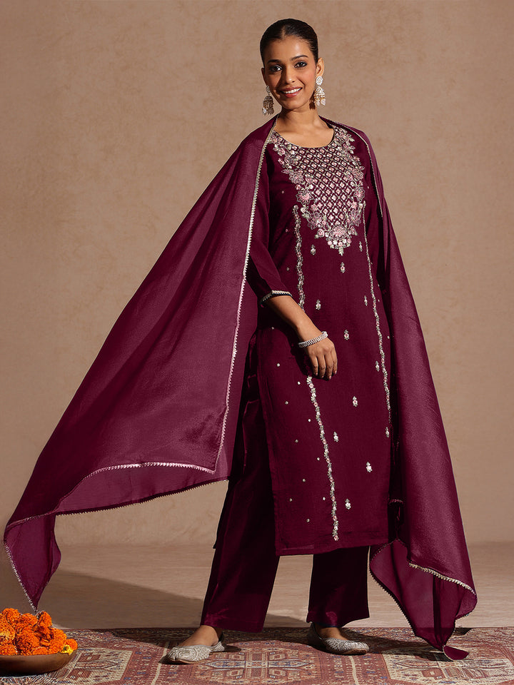 Maroon Silk Blend Embroidered 3-Piece Kurta Set