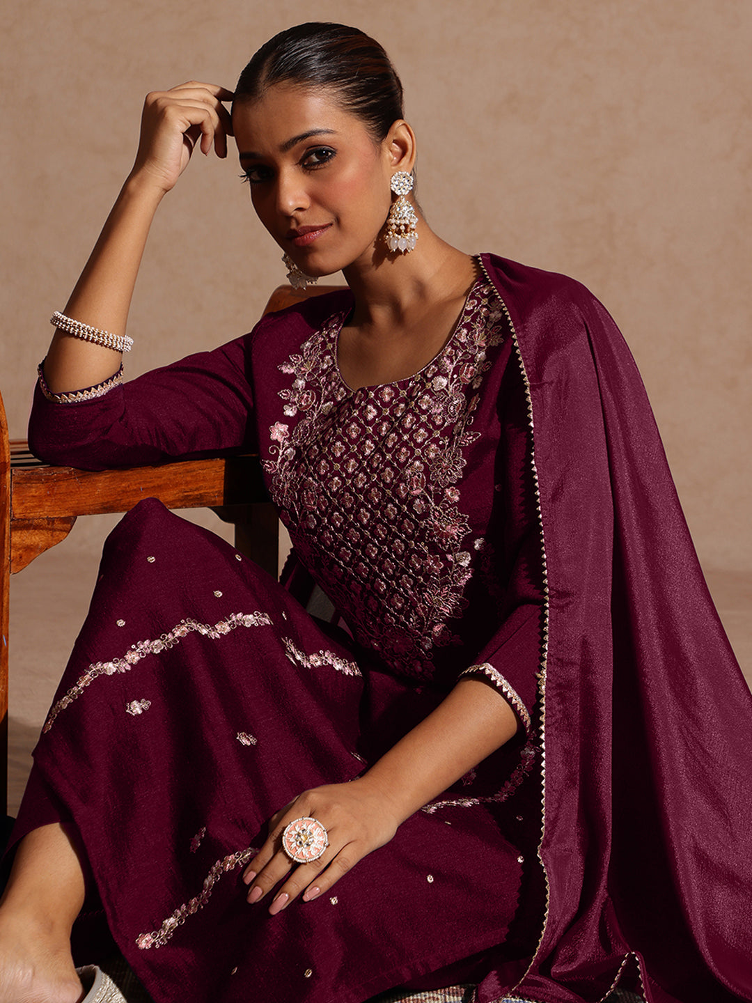 Maroon Silk Blend Embroidered 3-Piece Kurta Set