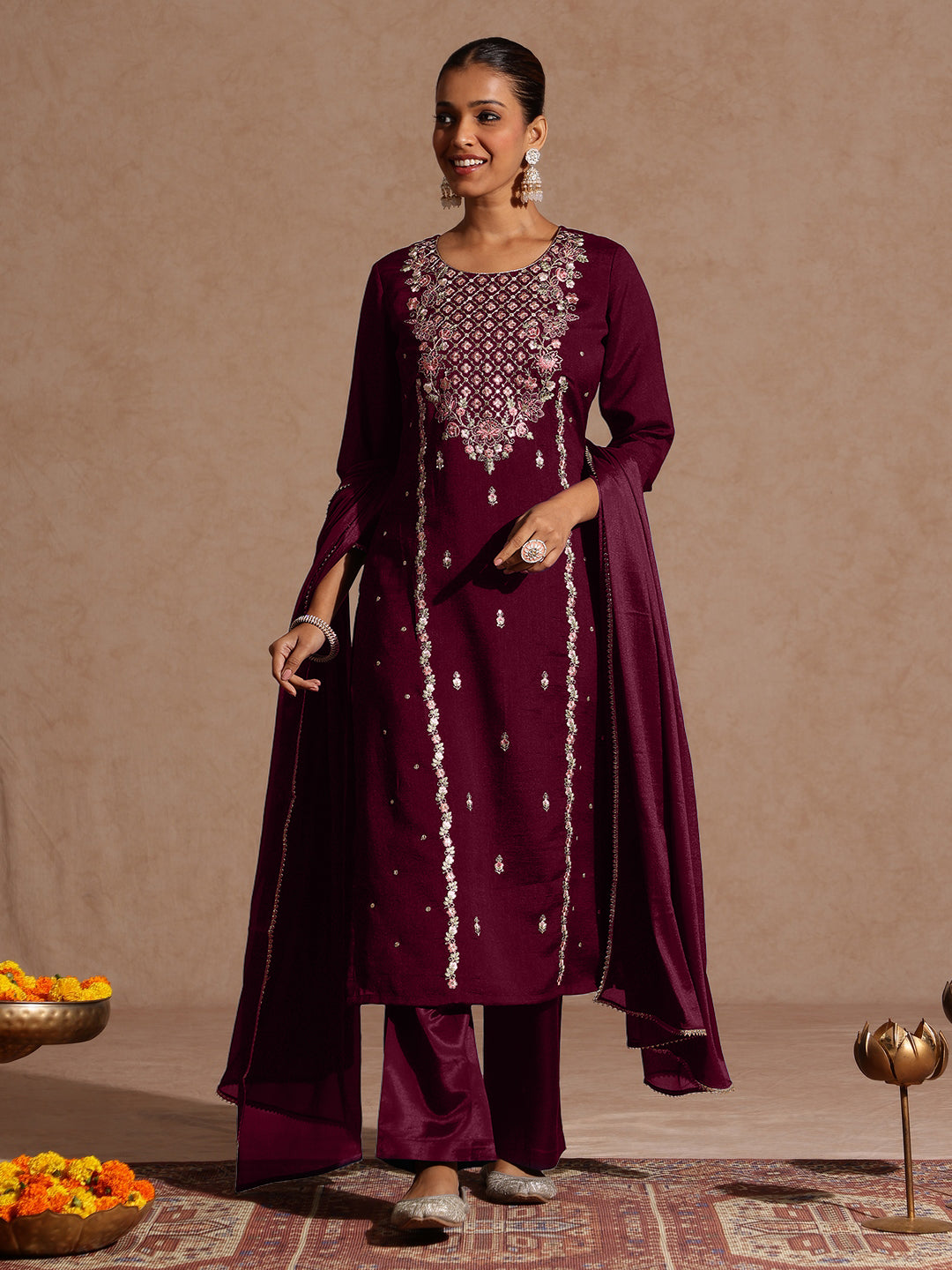 Maroon Silk Blend Embroidered 3-Piece Kurta Set