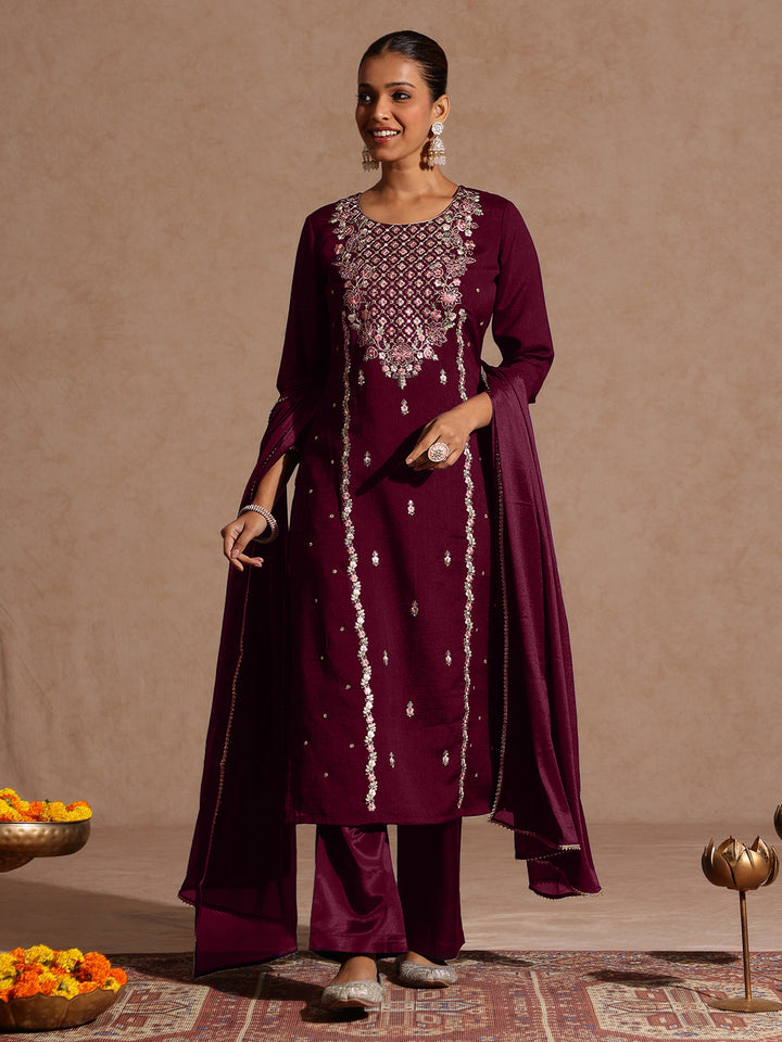 Maroon Silk Blend Embroidered 3-Piece Kurta Set