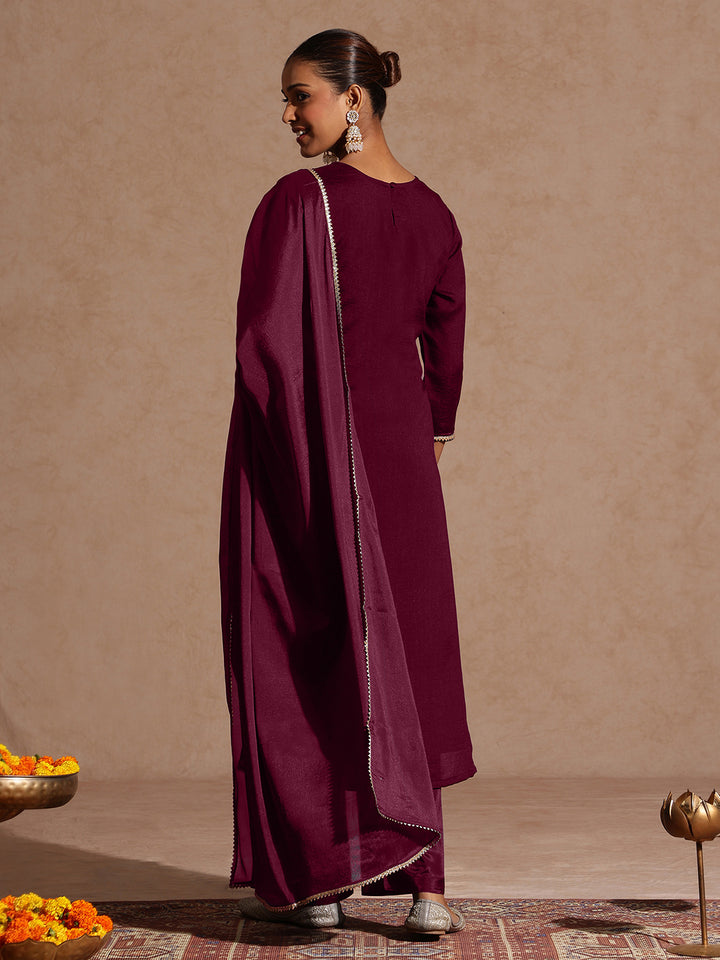 Maroon Silk Blend Embroidered 3-Piece Kurta Set