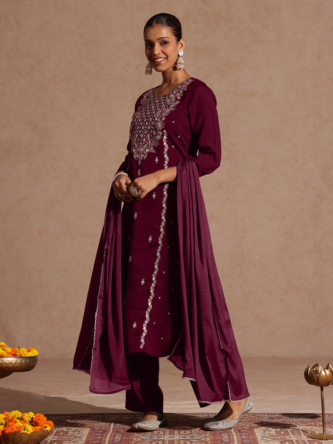 Maroon Silk Blend Embroidered 3-Piece Kurta Set