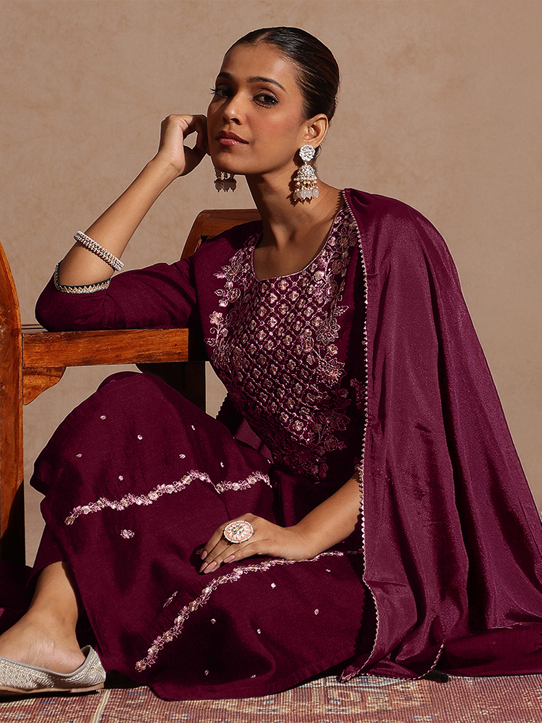 Maroon Silk Blend Embroidered 3-Piece Kurta Set