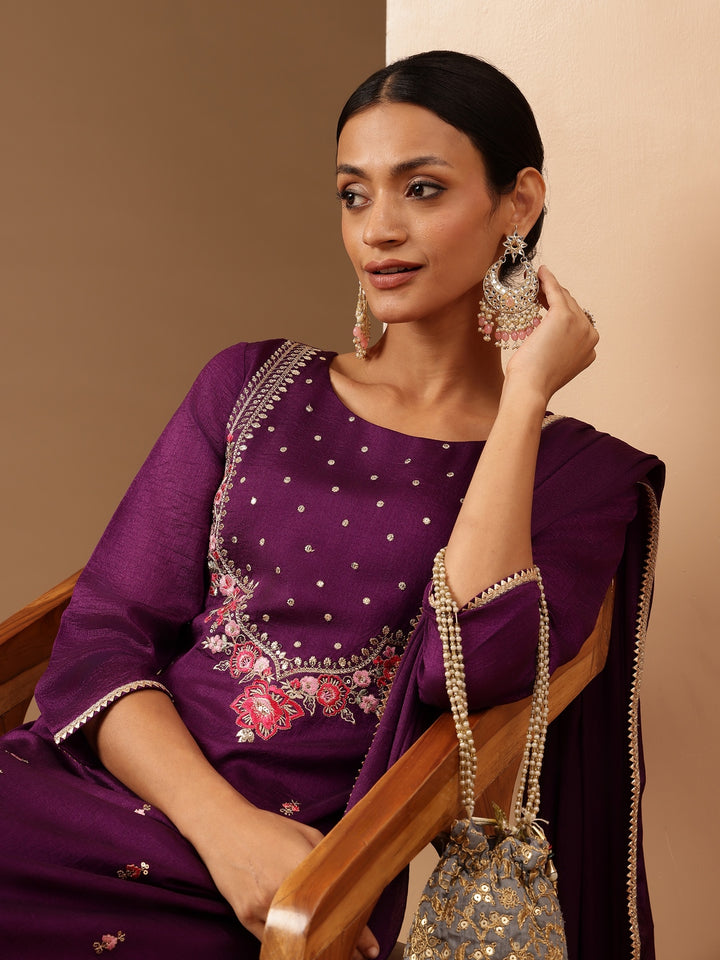 Purple Silk Blend Embroidered 3-Piece Kurta Set
