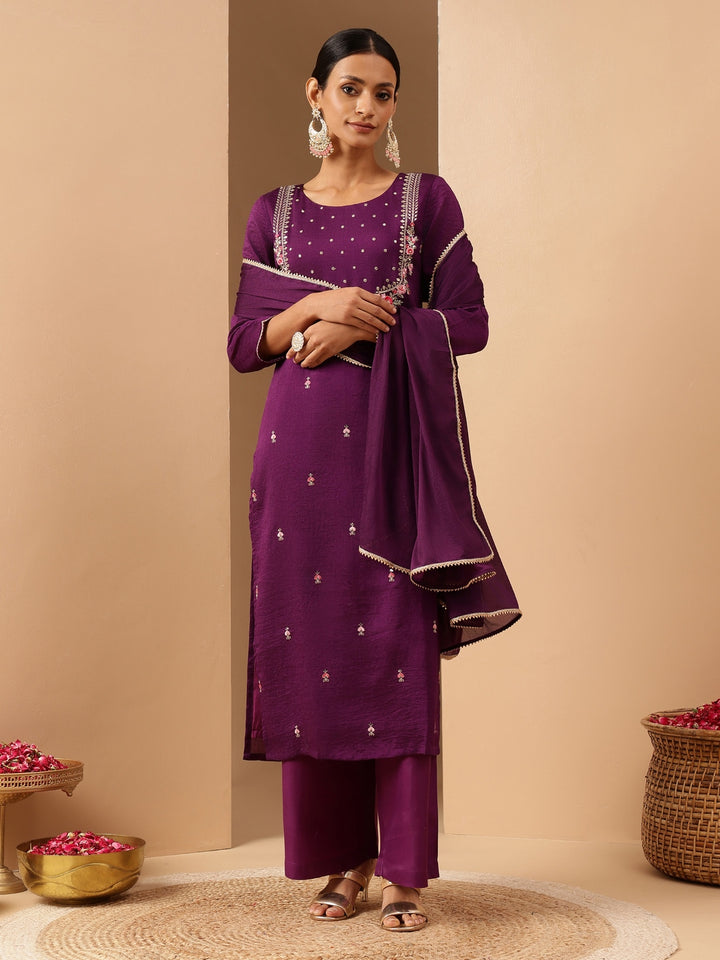 Purple Silk Blend Embroidered 3-Piece Kurta Set