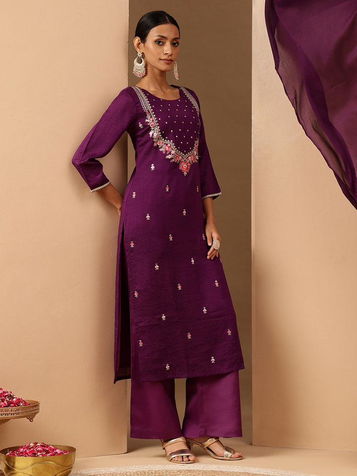 Purple Silk Blend Embroidered 3-Piece Kurta Set