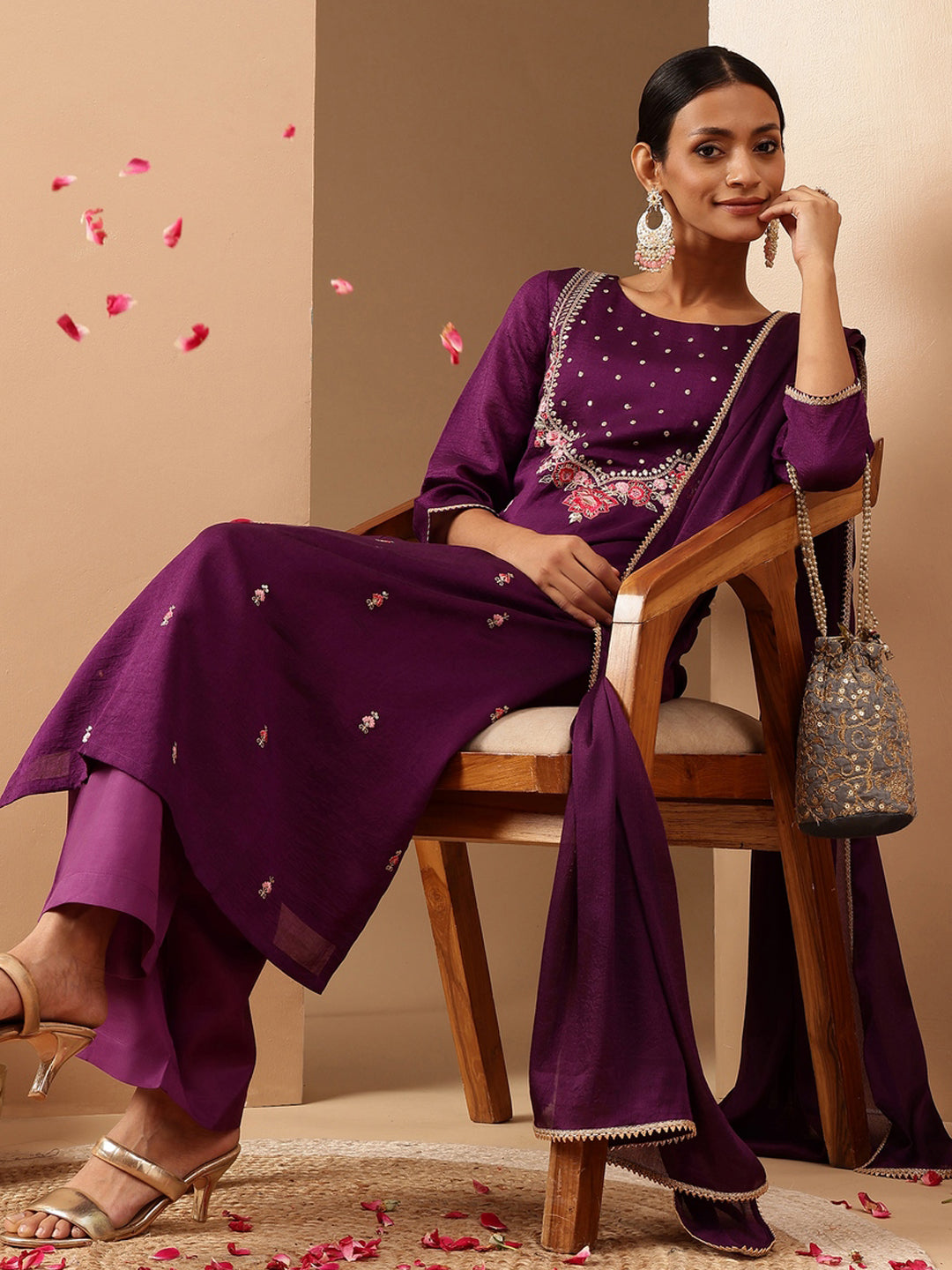 Purple Silk Blend Embroidered 3-Piece Kurta Set