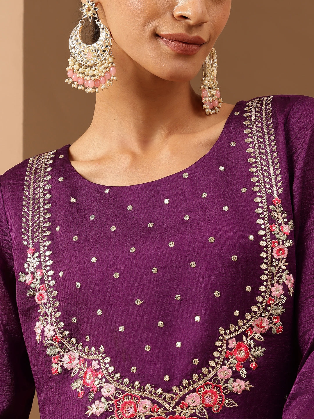 Purple Silk Blend Embroidered 3-Piece Kurta Set
