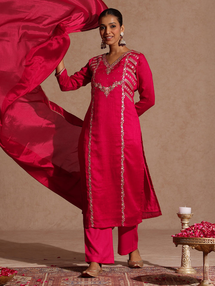 Pink Silk Blend Embroidered 3-Piece Kurta Set