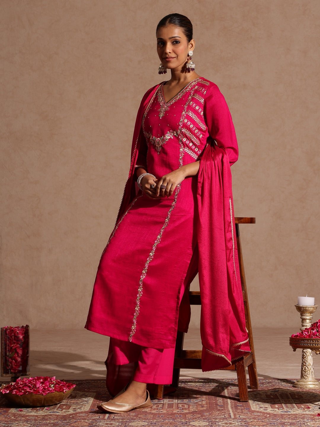 Pink Silk Blend Embroidered 3-Piece Kurta Set