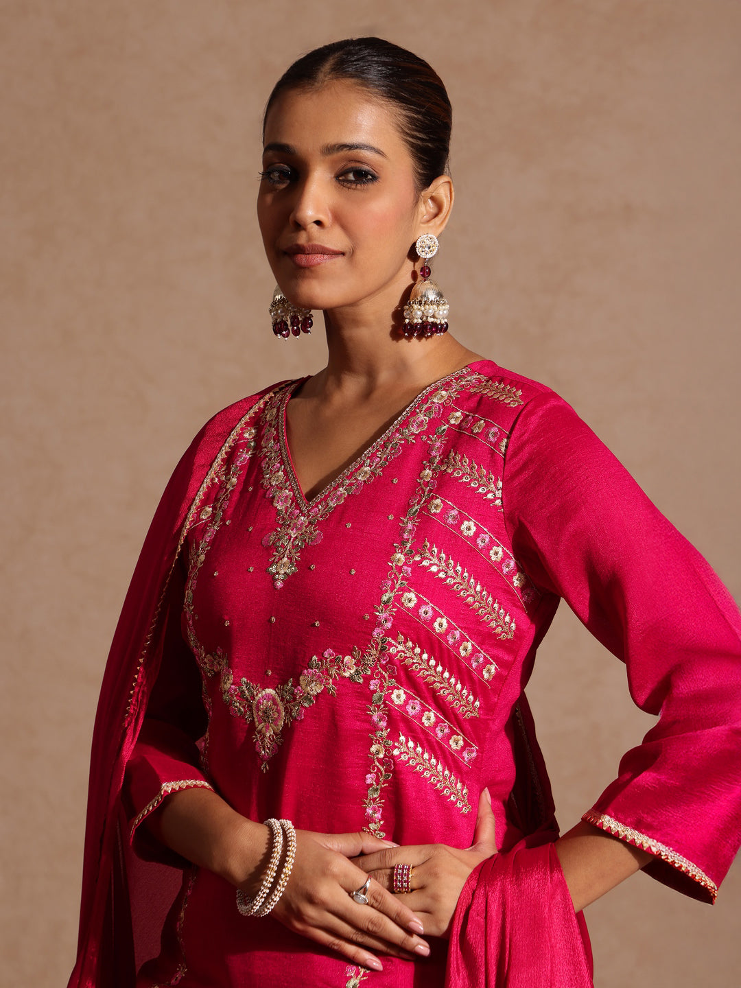 Pink Silk Blend Embroidered 3-Piece Kurta Set