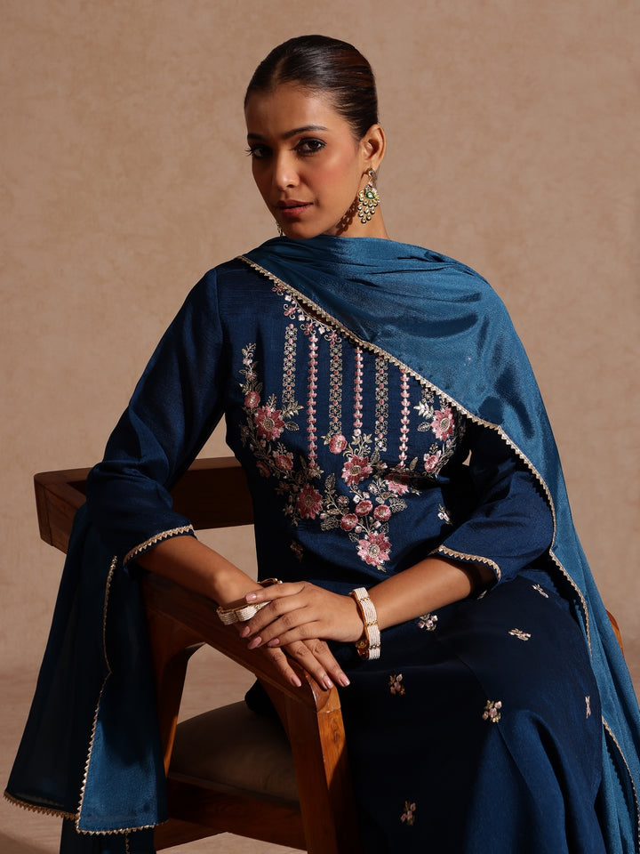 Teal Silk Blend Embroidered 3-Piece Kurta Set