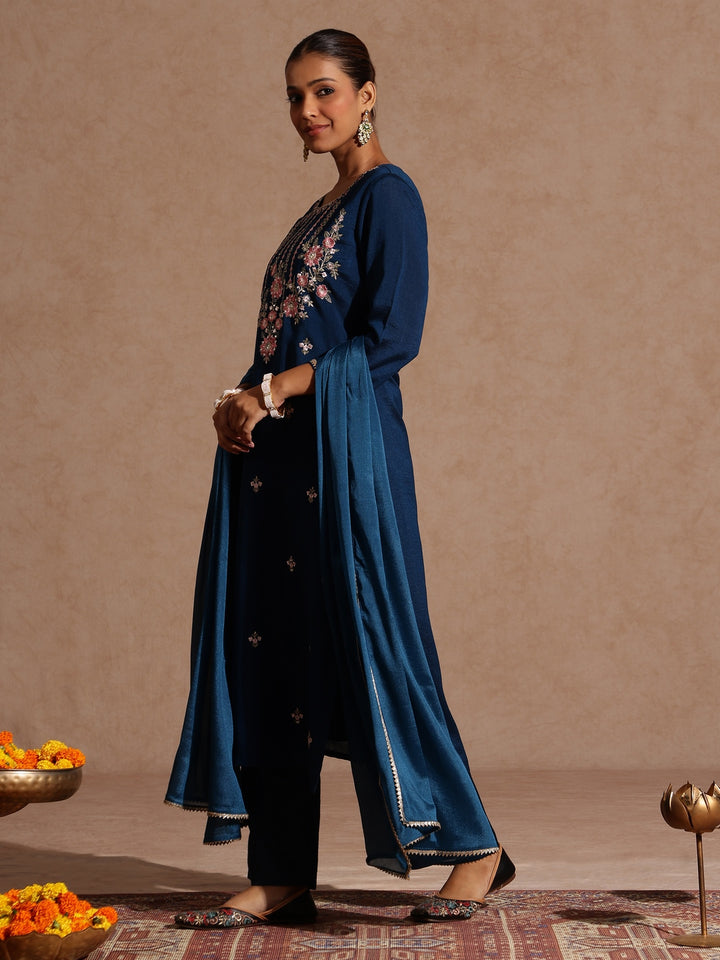 Teal Silk Blend Embroidered 3-Piece Kurta Set