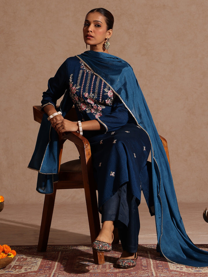 Teal Silk Blend Embroidered 3-Piece Kurta Set