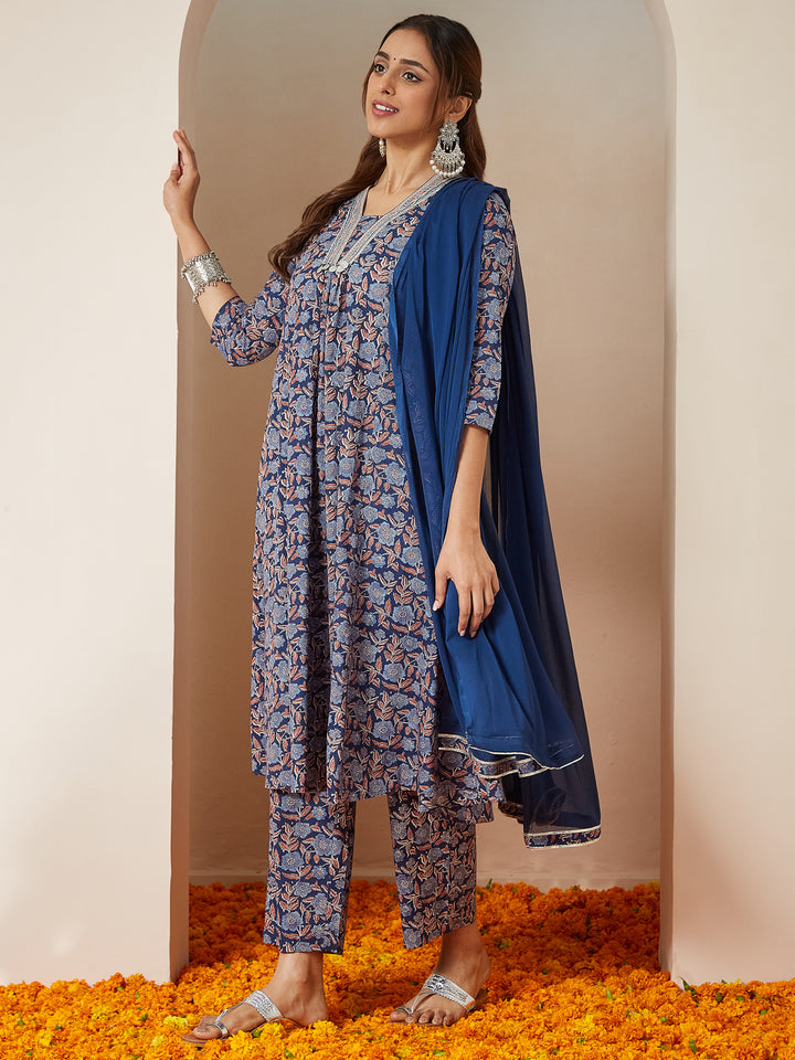 Blue Cambric A-Line Floral Printed 3-Piece Kurta Set