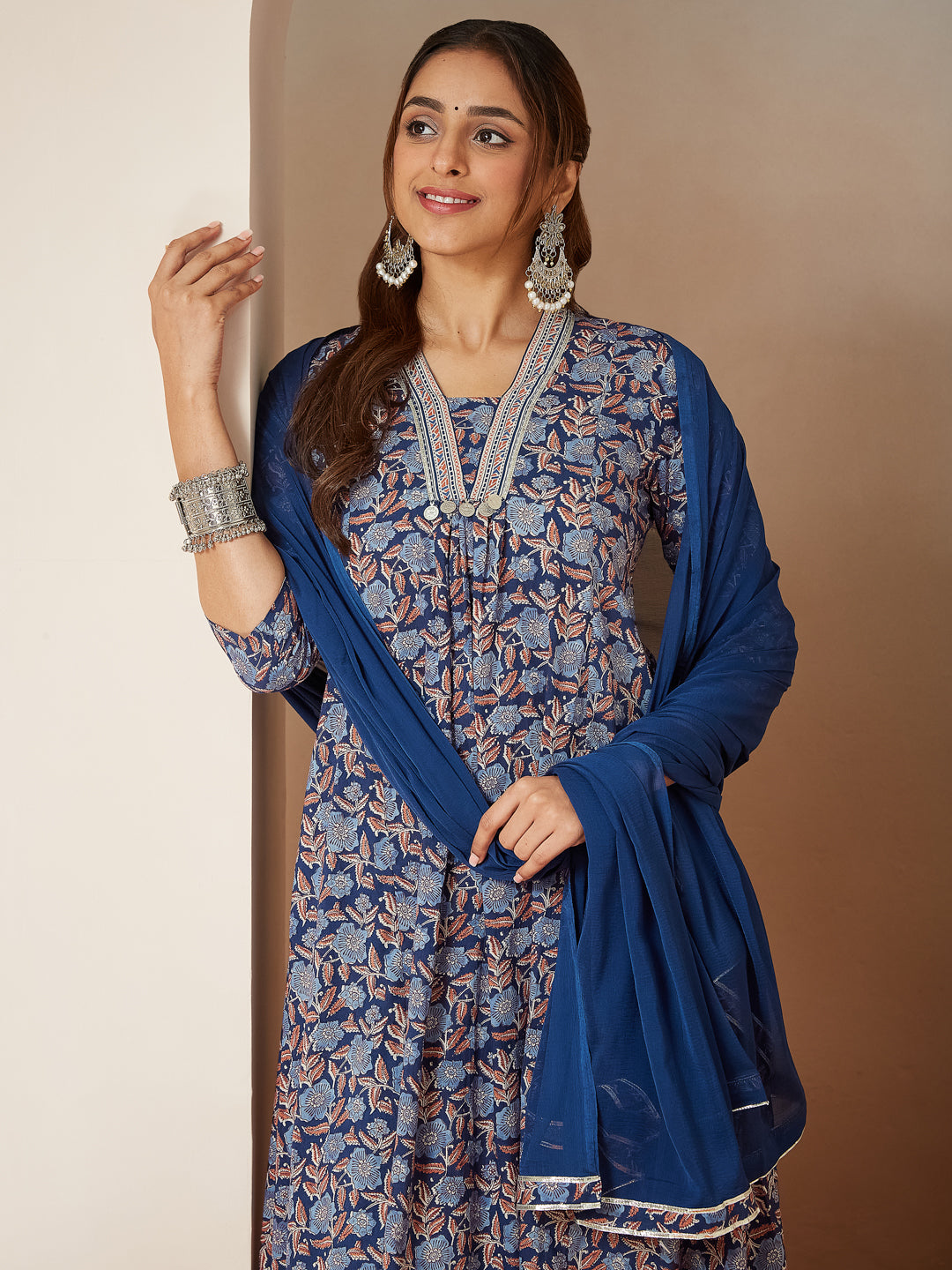 Blue Cambric A-Line Floral Printed 3-Piece Kurta Set