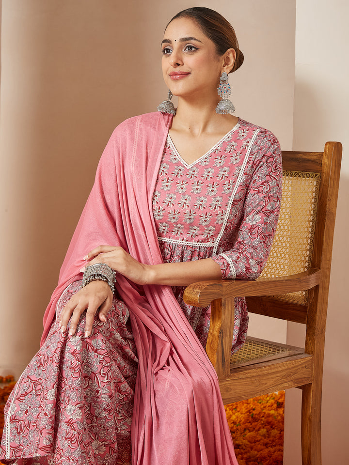 Pink Cambric A-Line Floral Printed 3-Piece Kurta Set