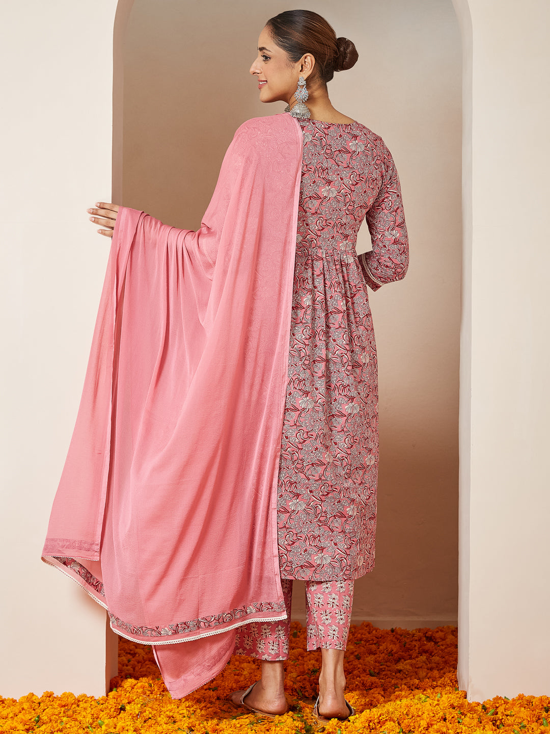 Pink Cambric A-Line Floral Printed 3-Piece Kurta Set