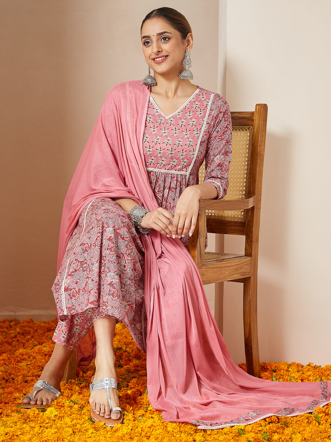 Pink Cambric A-Line Floral Printed 3-Piece Kurta Set