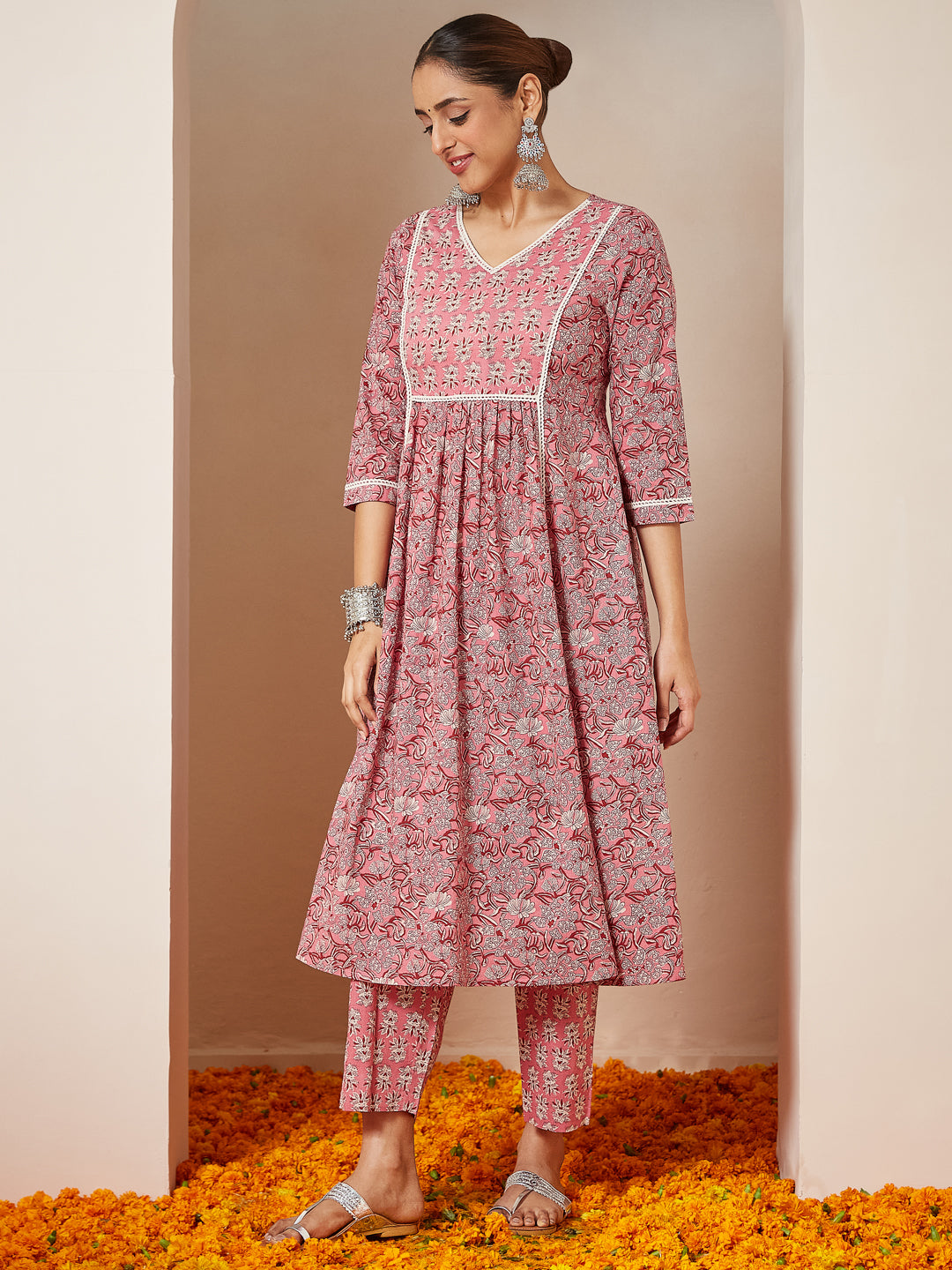 Pink Cambric A-Line Floral Printed 3-Piece Kurta Set
