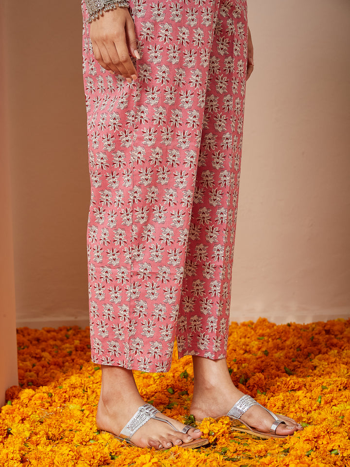 Pink Cambric A-Line Floral Printed 3-Piece Kurta Set