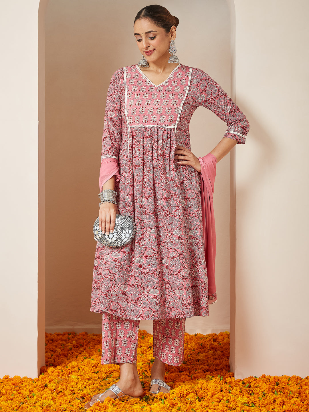 Pink Cambric A-Line Floral Printed 3-Piece Kurta Set